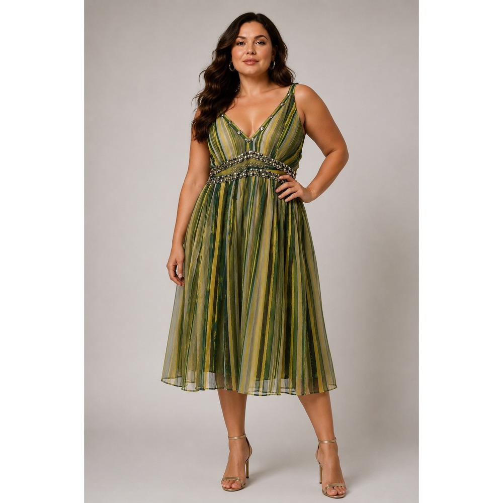 Jessica Taylor Midi Dress Women 3X Lime Green Striped‎ Studded Smocked Fairycore